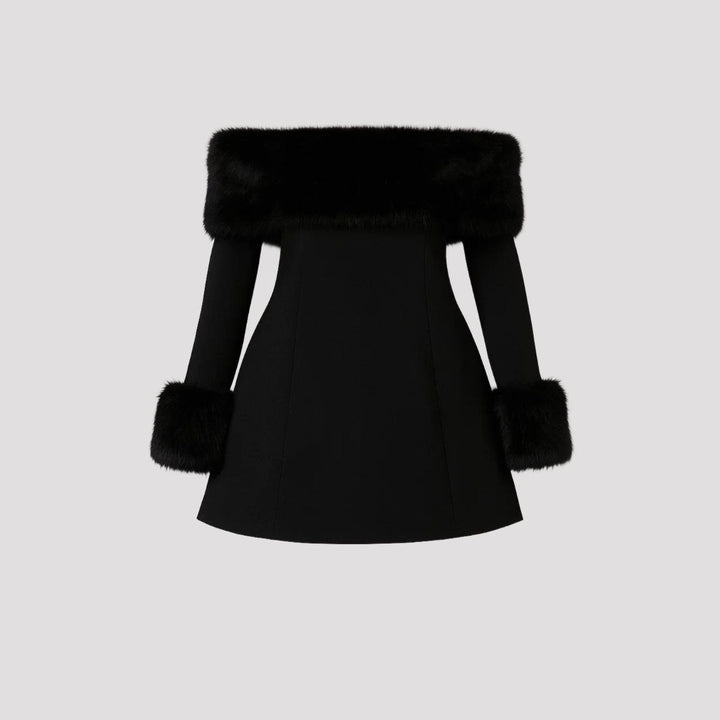 Marlow | Black Faux Fur Trim Off Shoulder Christmas Party Mini Dress