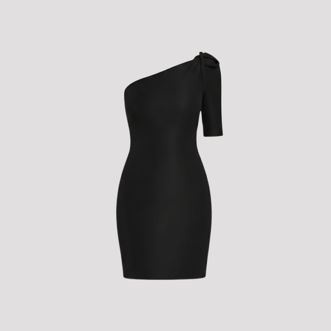 Celine | Black One Shoulder Bow Mini Dress for Christmas Party