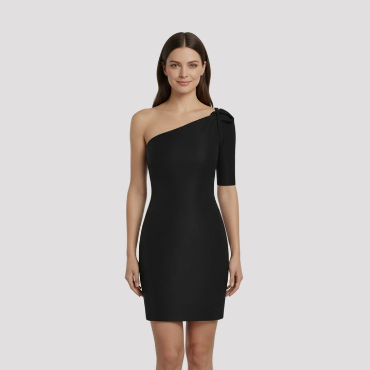 Celine | Black One Shoulder Bow Mini Dress for Christmas Party