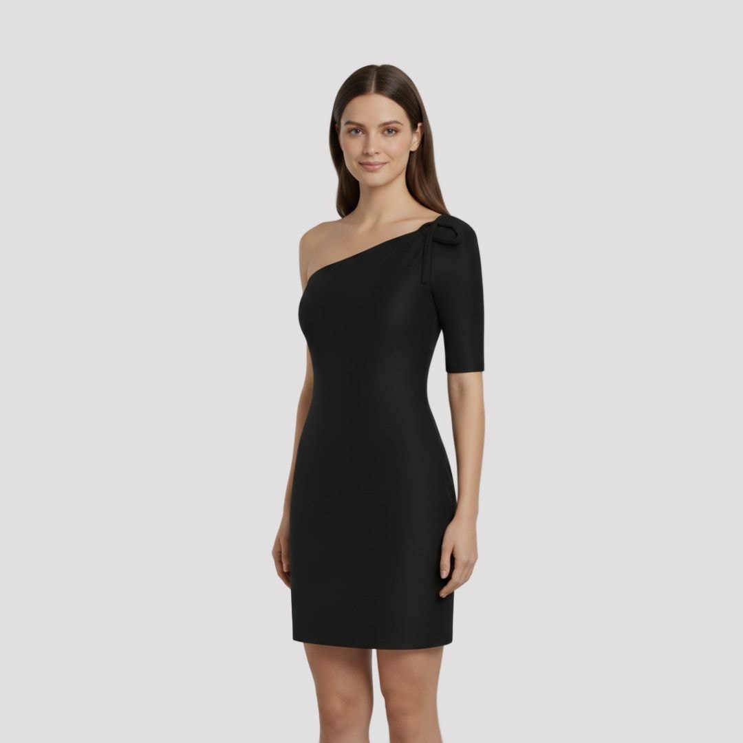 Celine | Black One Shoulder Bow Mini Dress for Christmas Party