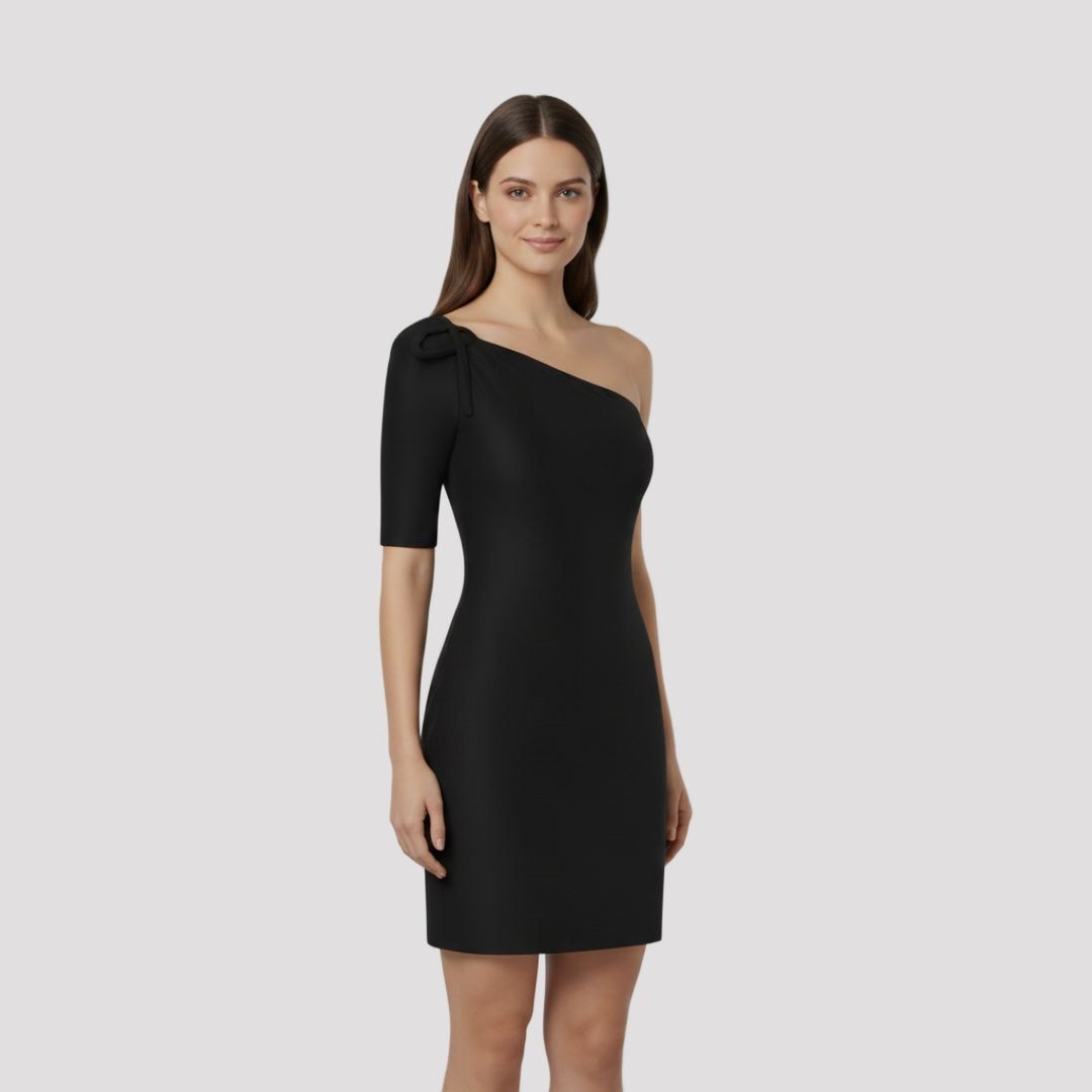 Celine | Black One Shoulder Bow Mini Dress for Christmas Party