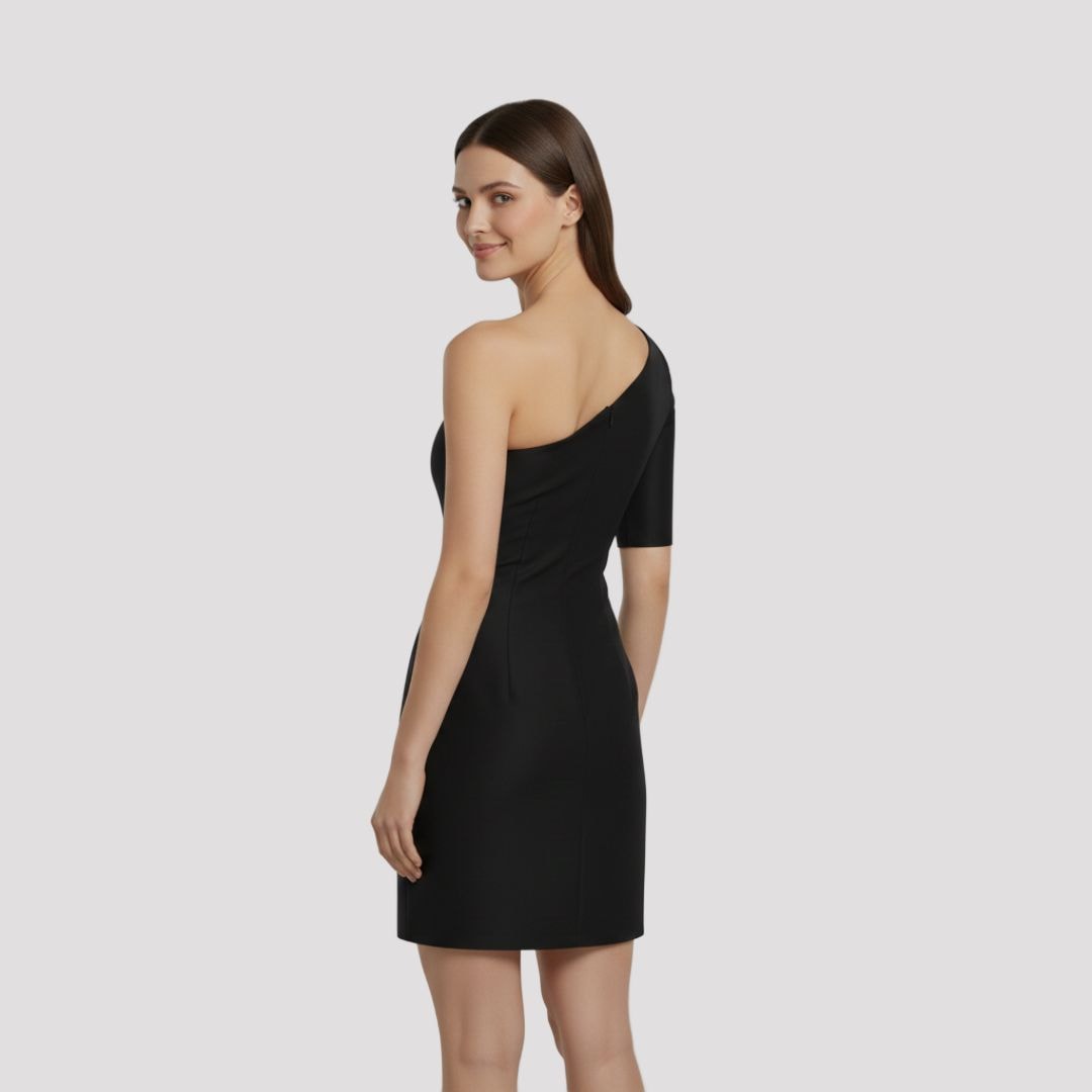 Celine | Black One Shoulder Bow Mini Dress for Christmas Party