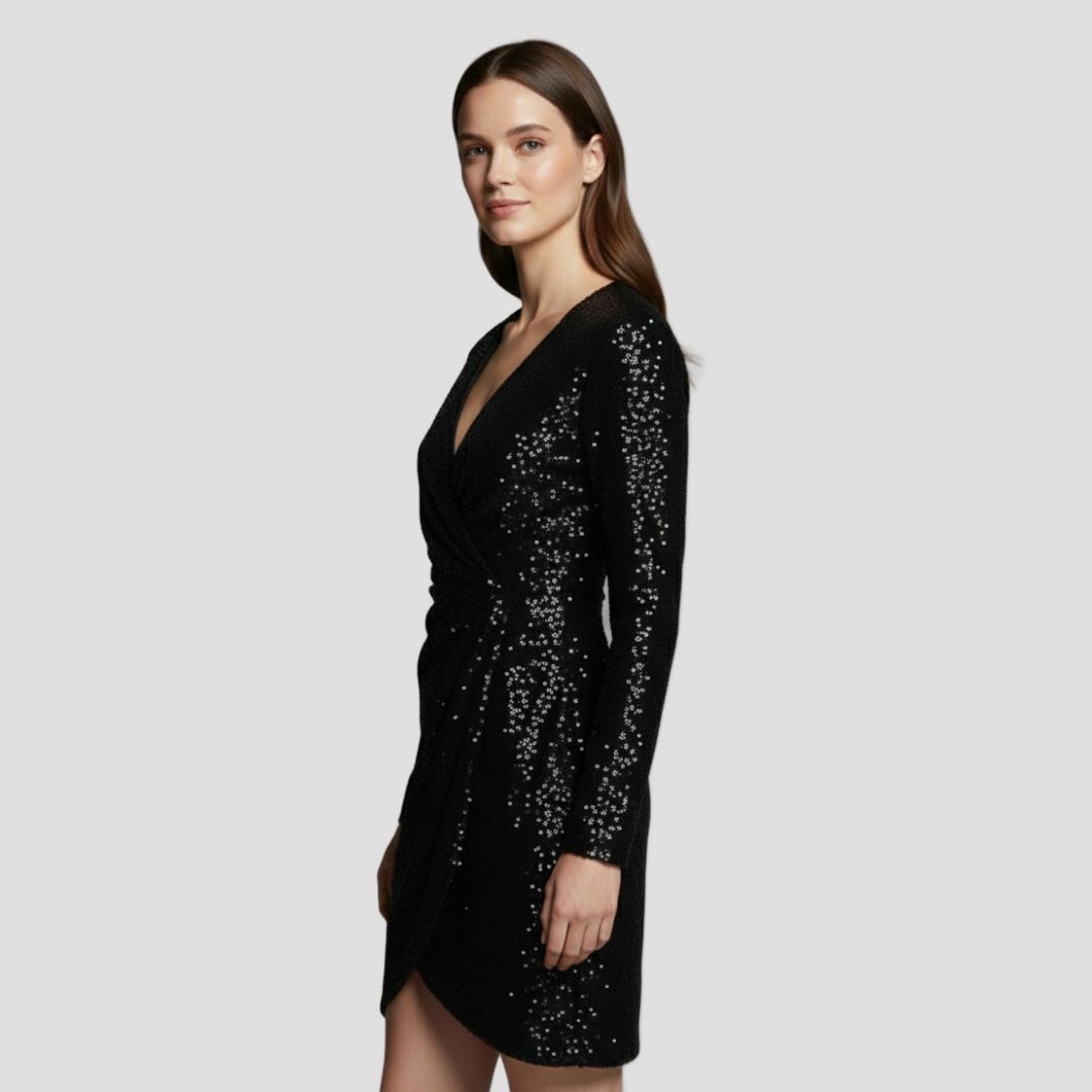 Mira | Black Sequin V Neck Wrap Party Mini Dress