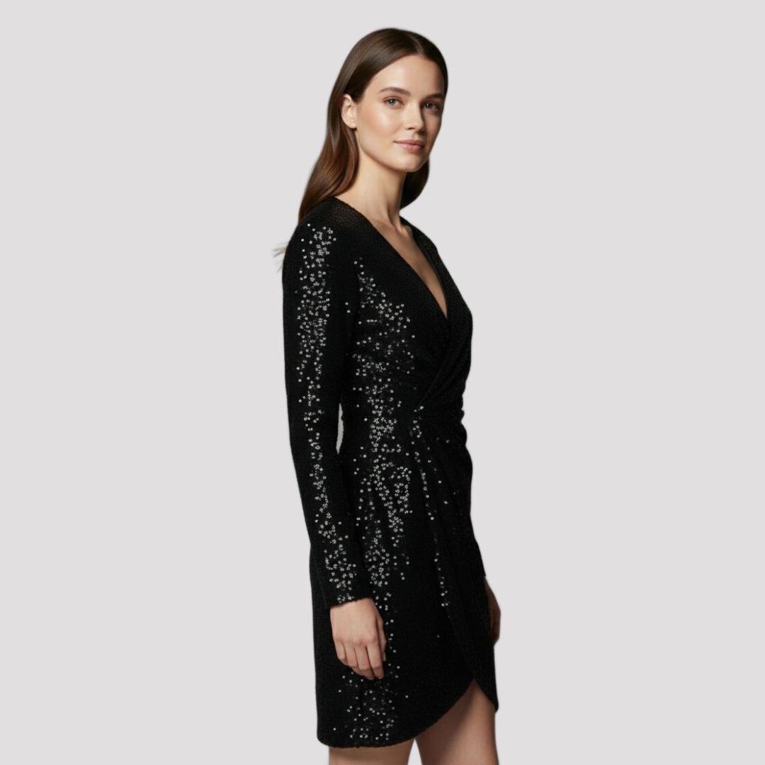 Mira | Black Sequin V Neck Wrap Party Mini Dress