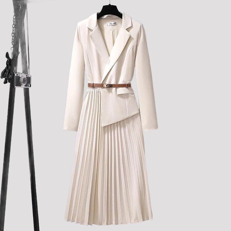 Pleated Blazer Dress for Women - White
