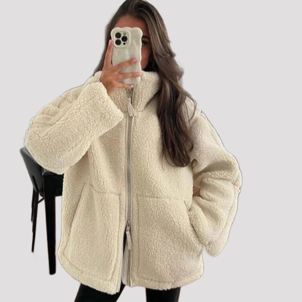 Oversized Fleece Jacket with Stand Collar for Women