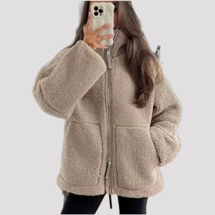 Oversized Fleece Jacket with Stand Collar for Women - Coffee