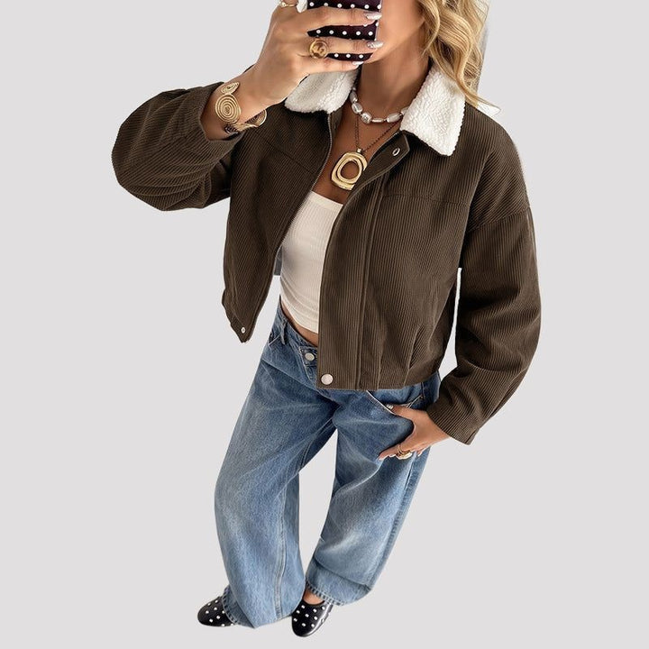 Cropped Corduroy Jacket with Fleece Collar for Women - Brown