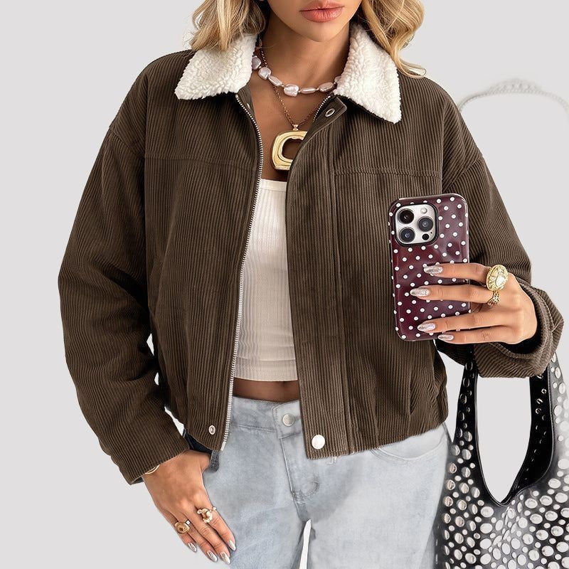 Cropped Corduroy Jacket with Fleece Collar for Women
