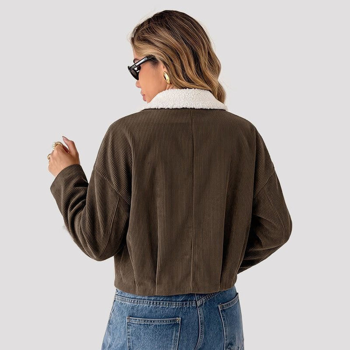 Cropped Corduroy Jacket with Fleece Collar for Women - View 2