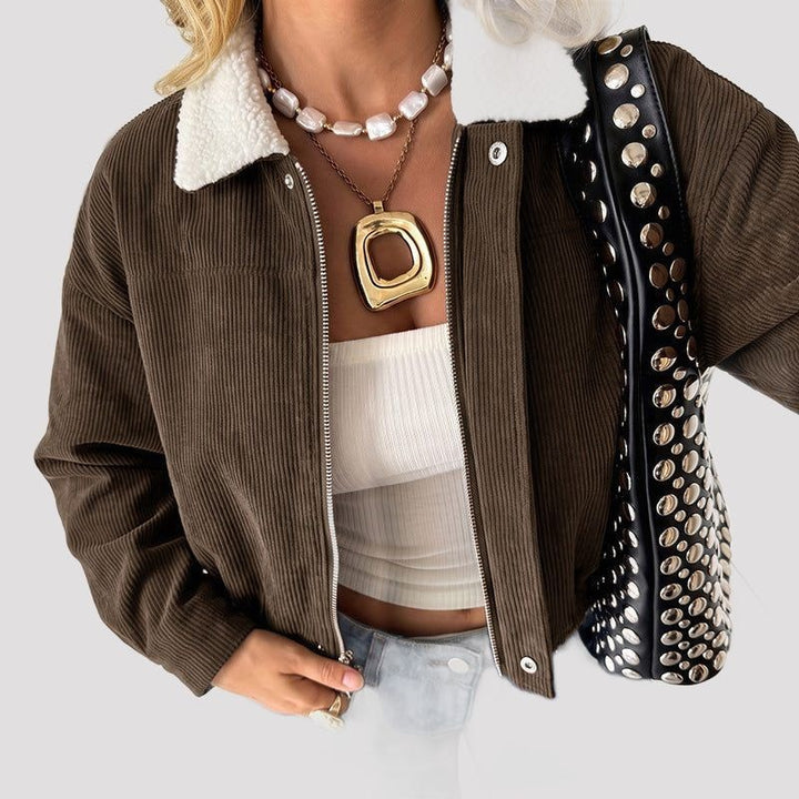 Cropped Corduroy Jacket with Fleece Collar for Women - View 3