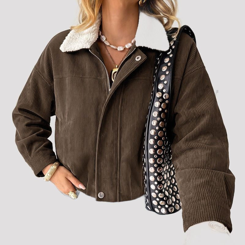 Cropped Corduroy Jacket with Fleece Collar for Women - View 4