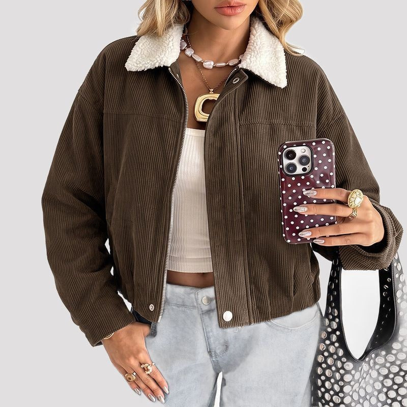 Cropped Corduroy Jacket with Fleece Collar for Women - View 5
