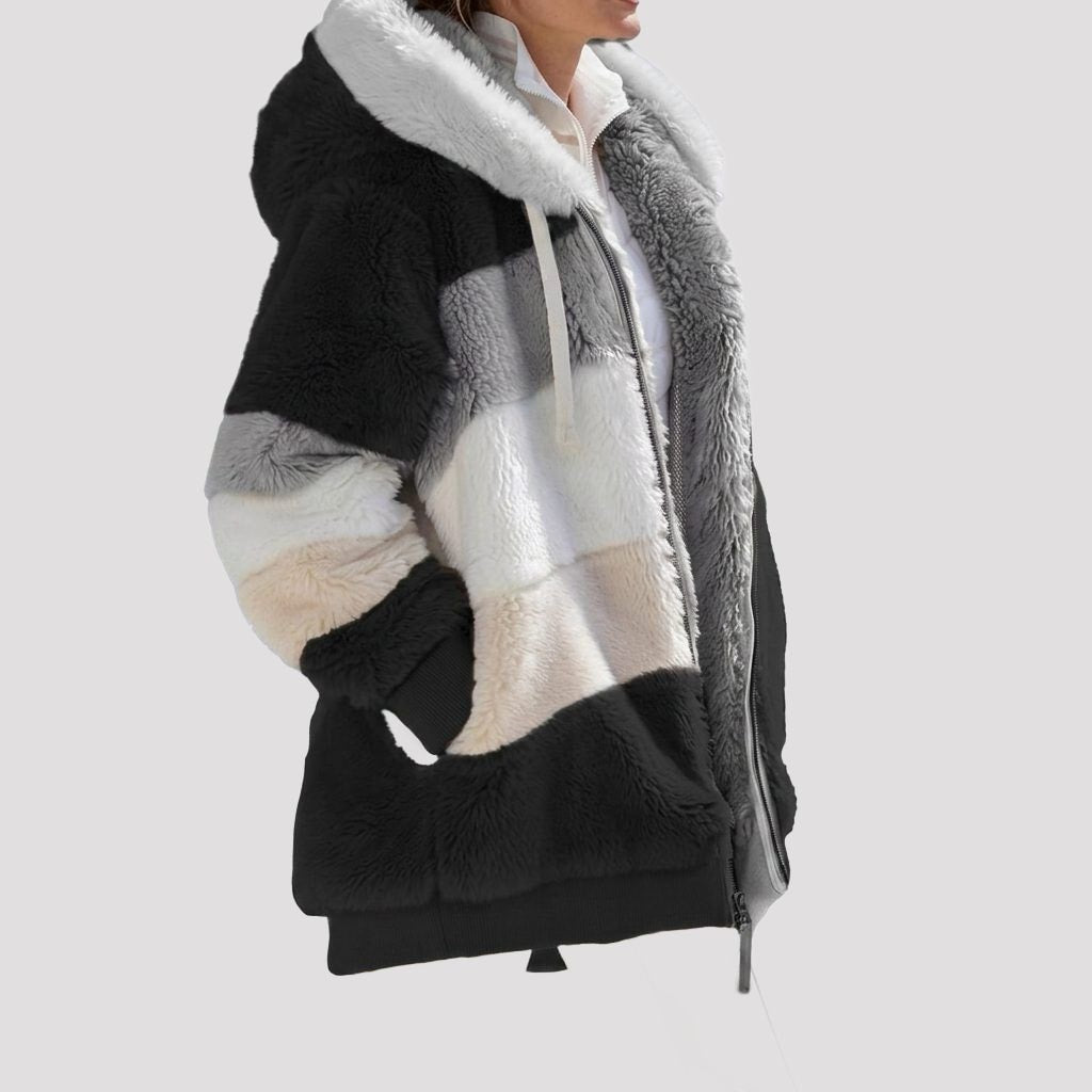 Hooded Faux Fur Fleece-Lined Puffer Jacket for Women - Black Stripes