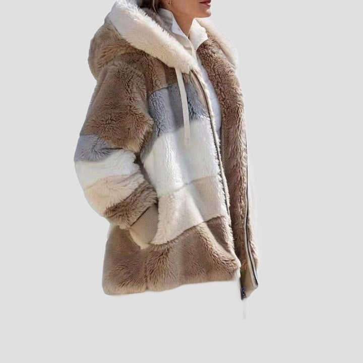 Hooded Faux Fur Fleece-Lined Puffer Jacket for Women - Brown Stripes