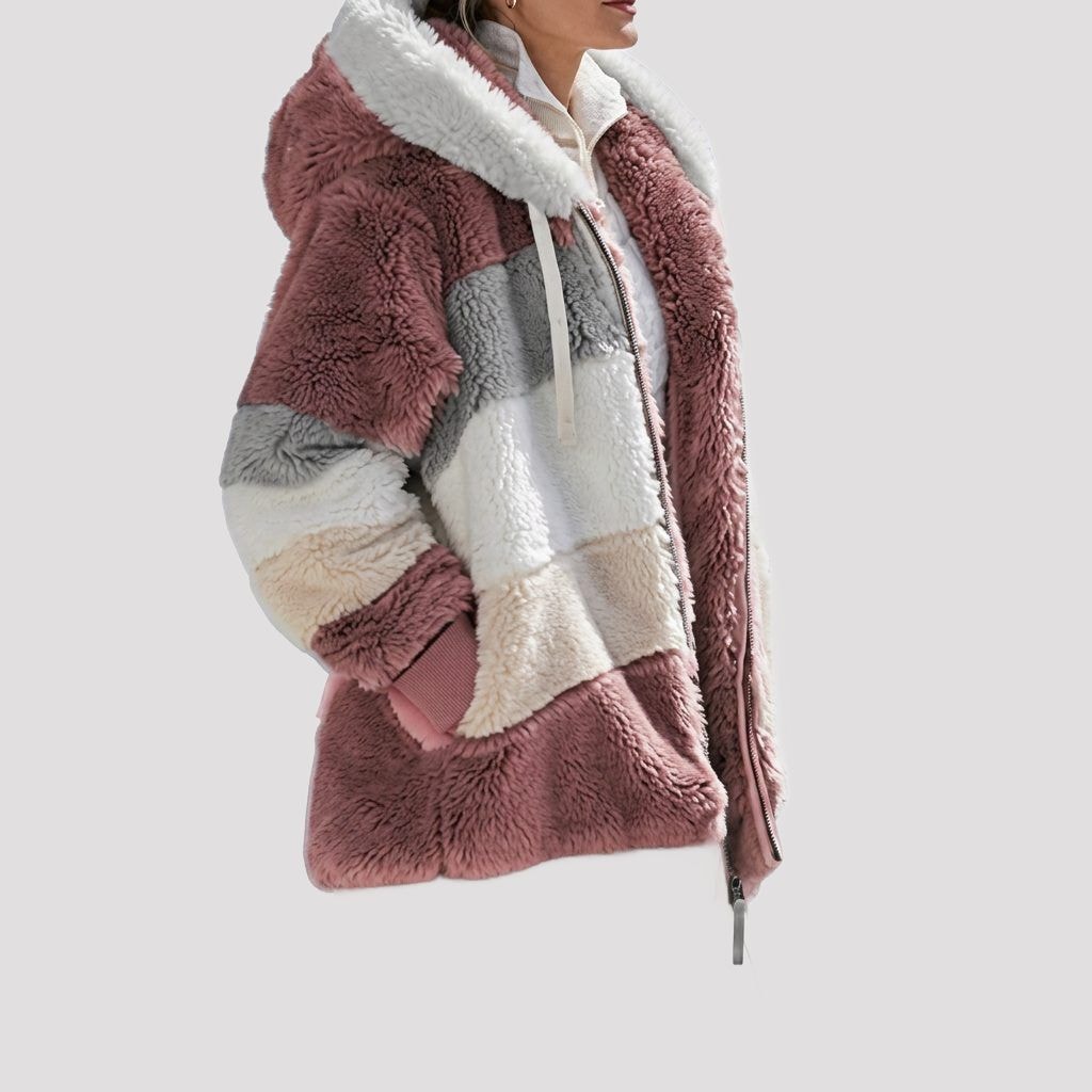 Hooded Faux Fur Fleece-Lined Puffer Jacket for Women - Red Stripes