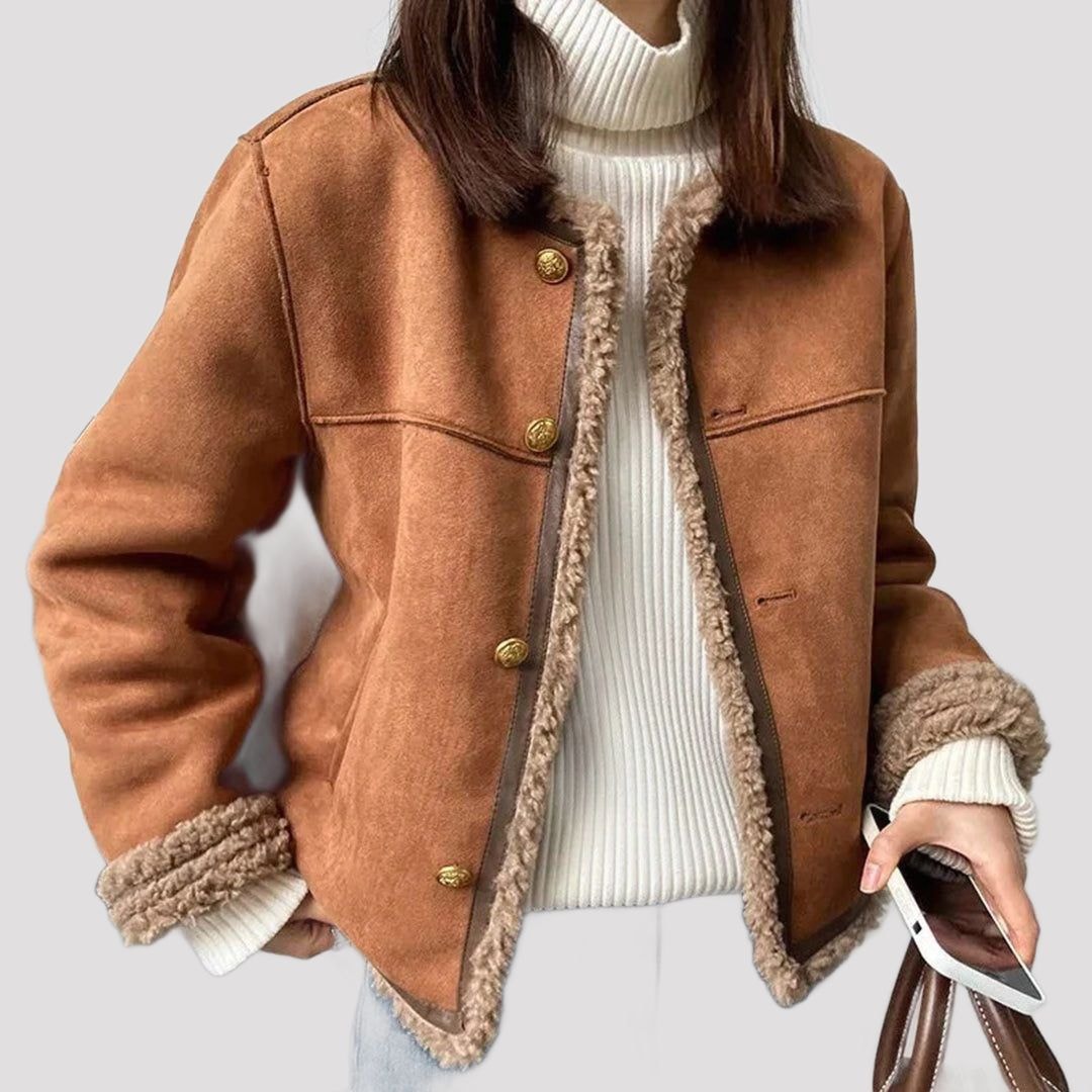Suede Fleece-Lined Jacket with Faux Fur Collar for Women