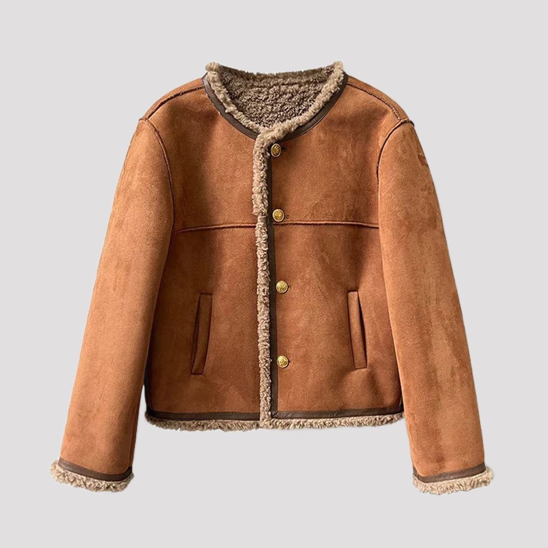 Suede Fleece-Lined Jacket with Faux Fur Collar for Women - View 2