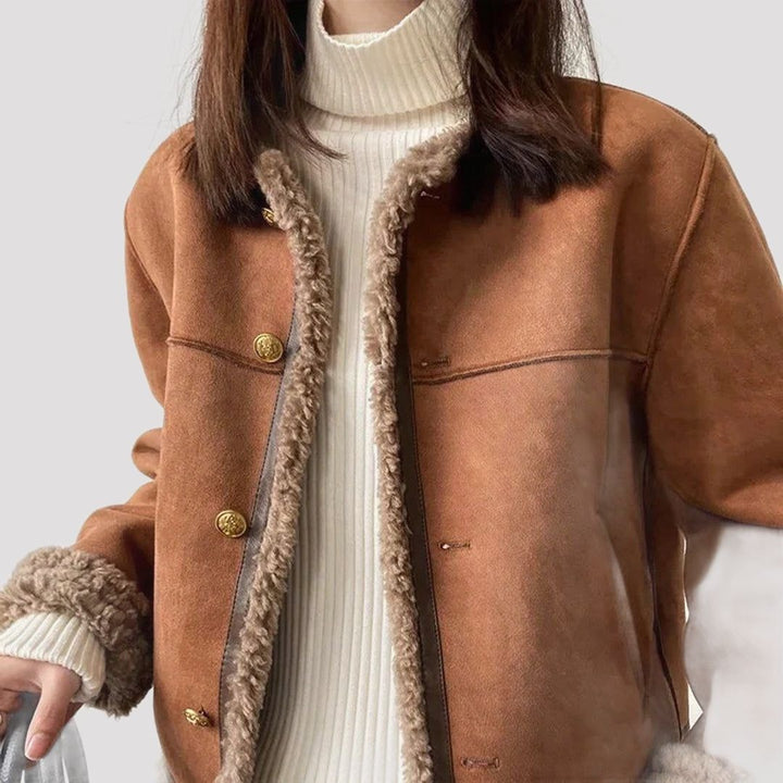 Suede Fleece-Lined Jacket with Faux Fur Collar for Women - View 3