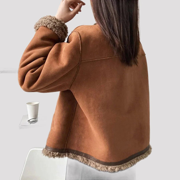 Suede Fleece-Lined Jacket with Faux Fur Collar for Women - View 4