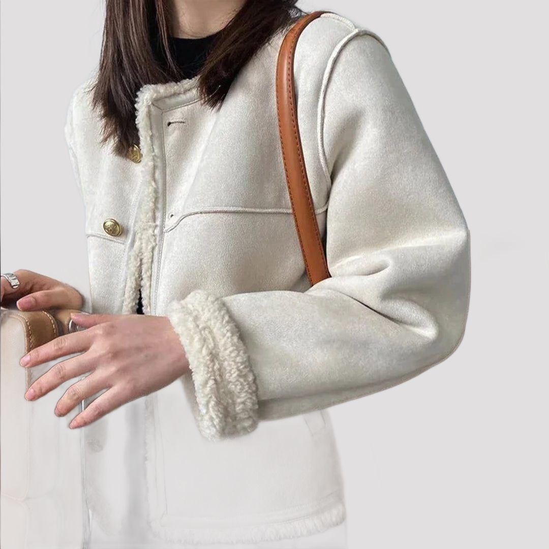 Suede Fleece-Lined Jacket with Faux Fur Collar for Women - View 6